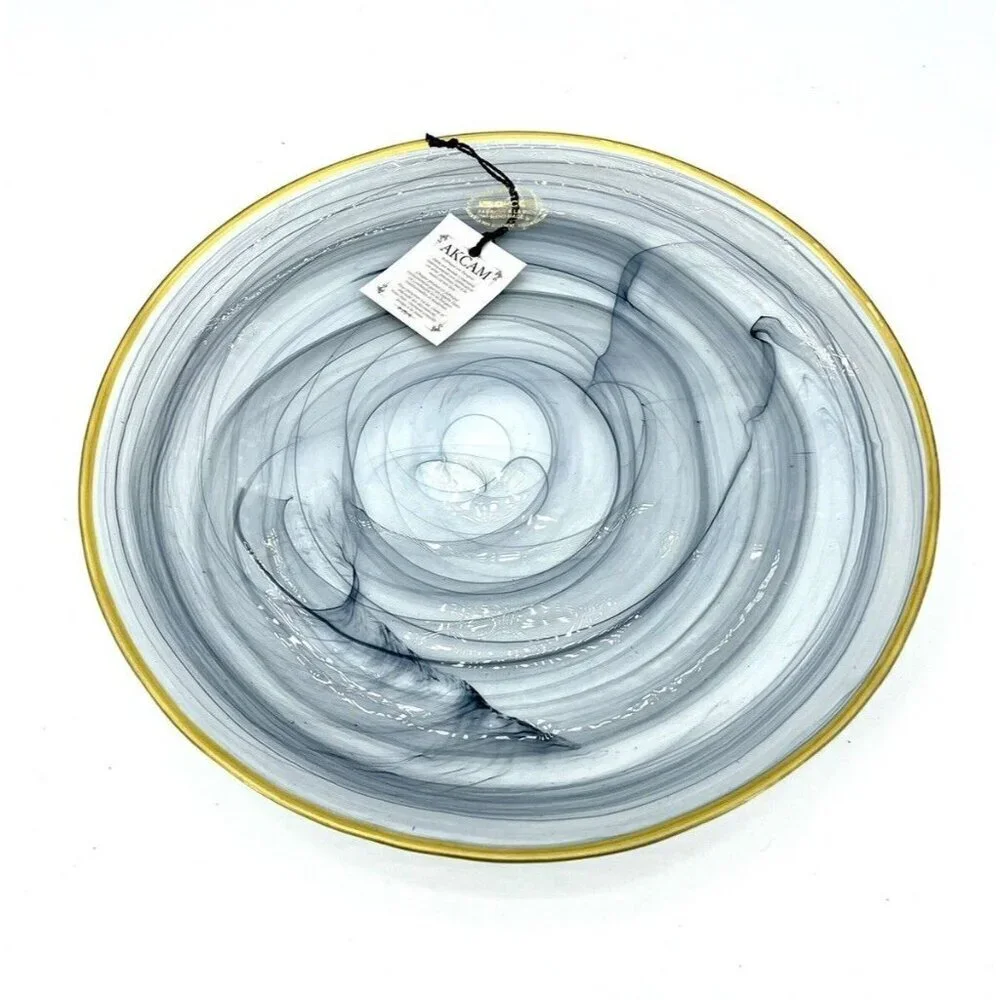 Akcam Turkish Glass 4 Plates Set Entrée Dinner Black Swirl Gold Rim 11
